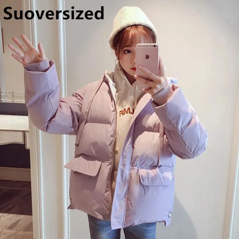 Women Hooded Thicken Cotton Padded Parkas Winter Baggy Pink Basic Snowwear Overcoats Korean Casual Warm Solid Windproof Jackets