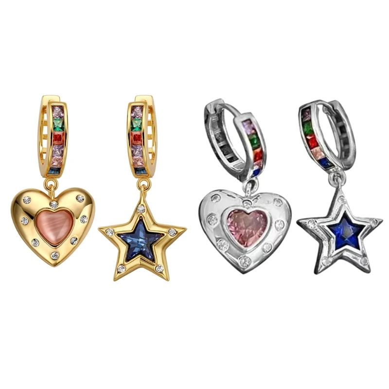 

Fashion Star Heart Earring Asymmetric Dangle Earring Unique Hoop Earring Rainbow-Zircon Heart Pendant Earring Jewelry