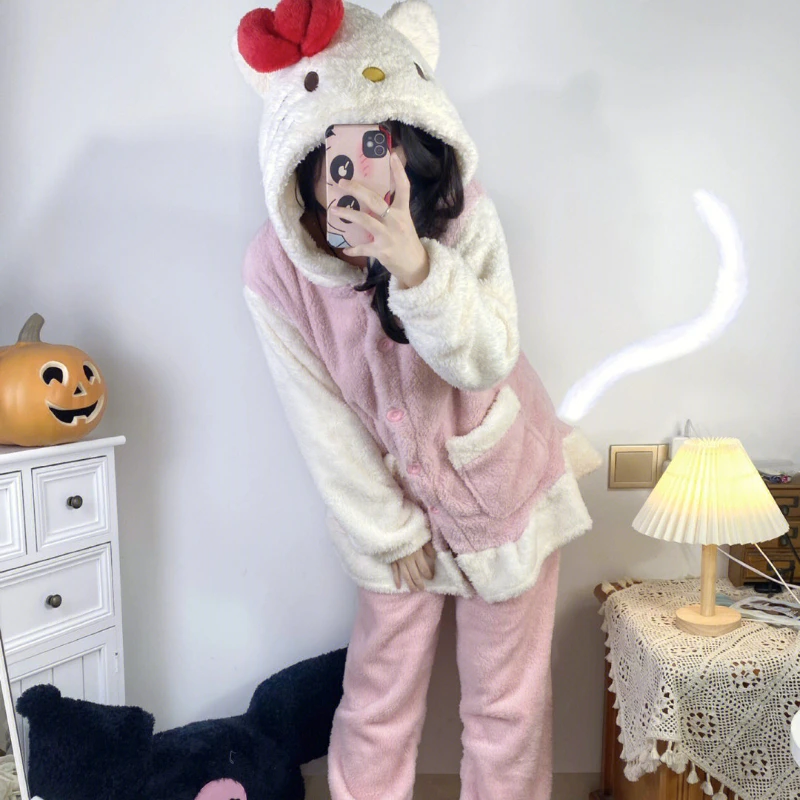 

Sanrios Hello Kittys Cinnamoroll Kawaii мультяшный плюшевый женский пижамный комплект Зимняя Теплая Флисовая пижама из двух частей утепленная домашняя одежда