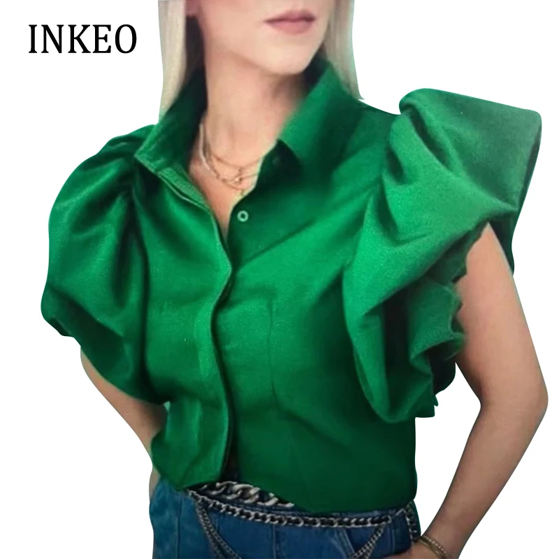

Casual Women Green Short puff sleeve blouse Loose Slim shirt 2023 Spring summer Streetwear tops Female Clothing INKEO 2T341