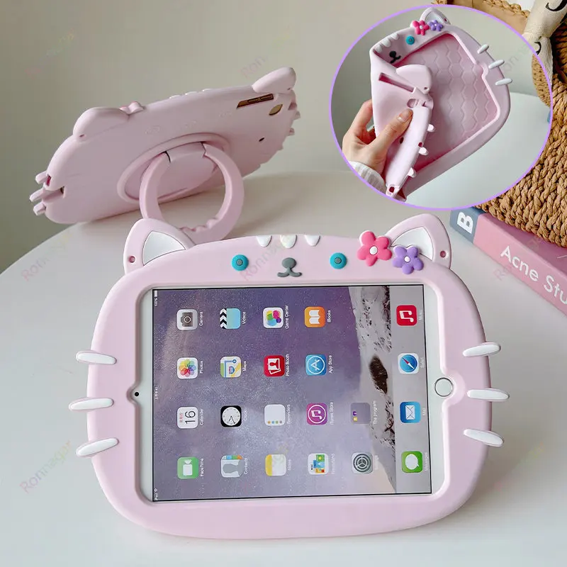 3D Cute Cat Case for iPad Pro 11 inch 3rd 2021/2nd 2020 Kawaii Cartoon Pink Cat Soft Silicone Case Kickstand for Kids Boys Girls