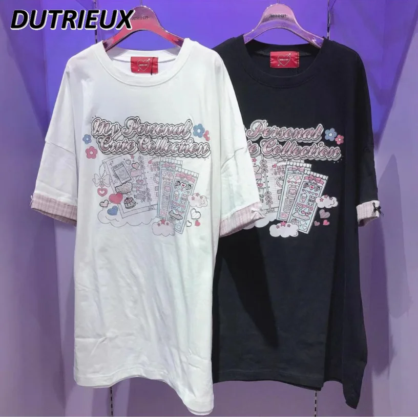 

Short Sleeve T Shirt Loose Mid-Length T-shirt Japanese Style Pattern Printing Plaid Stitching Fashion Crew Neck Tshirt for Women