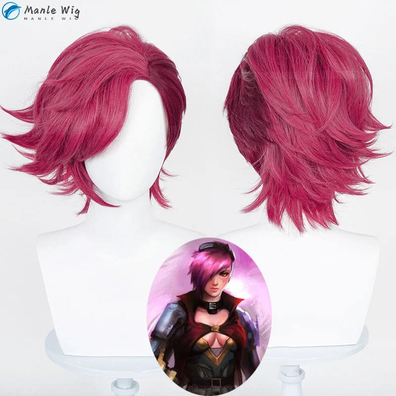 Game LOL Arcane Vi Cosplay Wig VI Violet Wigs Cosplay Deep Rose 30cm Short Heat Resistant Hair The Piltover Enforcer Party Wigs