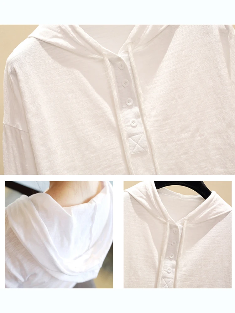 Женская футболка с капюшоном Gkfnmt белая хлопковая Приталенная длинным рукавом