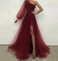 2022 classic ruffles slit prom dress burgundy lady one shoulder long sleeve sexy long robe de soiree birthday party evening gown