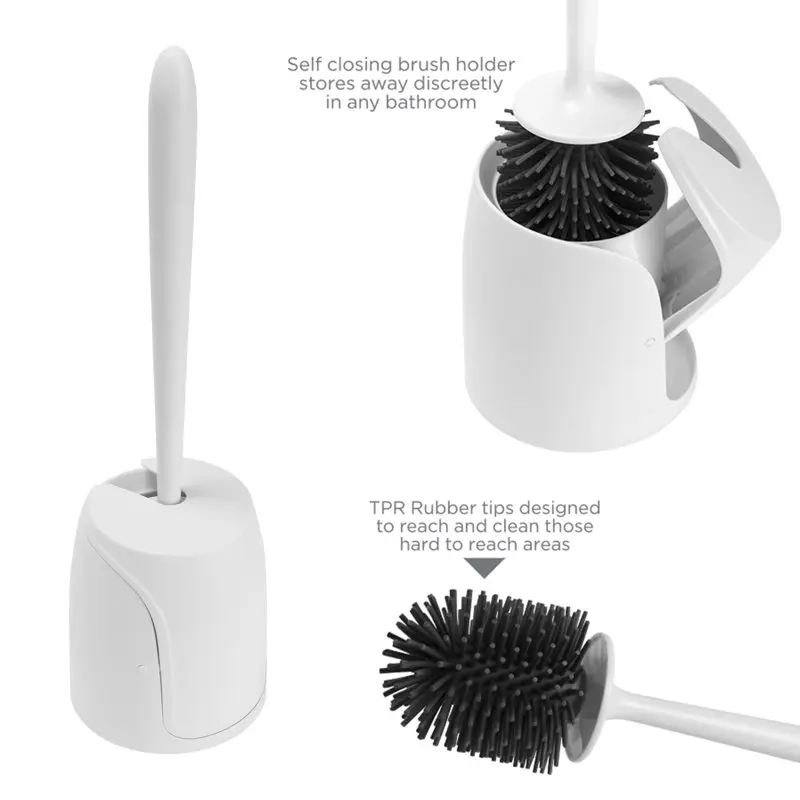 

Closing Lid Toilet Brush with Soft Rubber Bristles, White