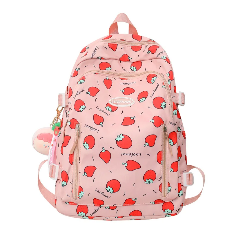 Cute Strawberry Printed Girls' Schoolbag with Wide Shoulder Strap To Reduce Load and Protect The Spine Backpack Campus