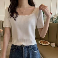 short sleeve t shirts women ice silk sweater short sleeve square neck chic all match harajuku trendy loose leisure cozy womens