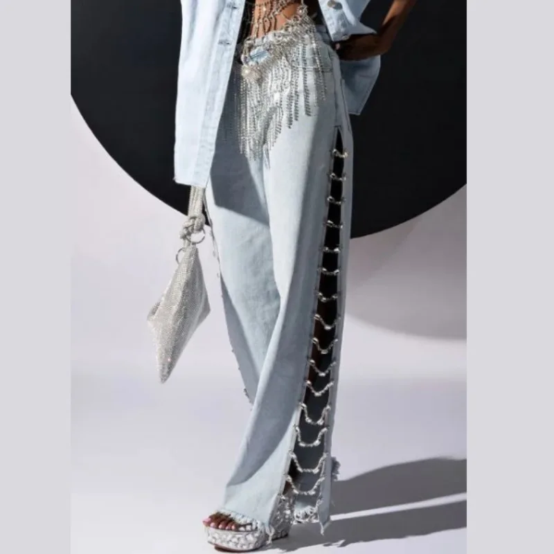 

2023 New Diamond Chain Low Waist Jeans Women's Summer Design Side Split Casual Loose Straight Pants Spicy Girl Thin Baggy Jeans