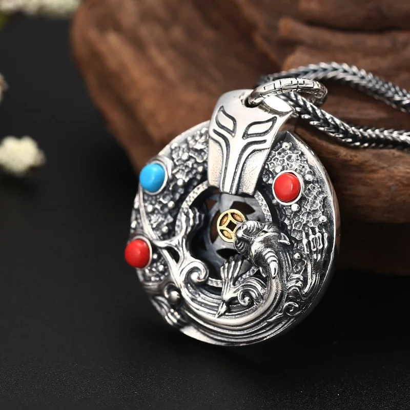 

Real Pure S925 Sterling Silver Men Women Mythical Beast Hollow Pixiu Coin Safety Round Pendant