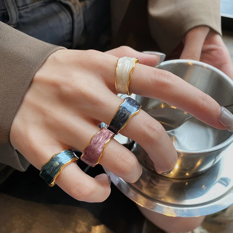 

Korean Irregular Geometric Colorful Enamel Metal Rings for Women Fashion Y2K Sweet Cool Girls Wave Ring Female Jewelry Gifts