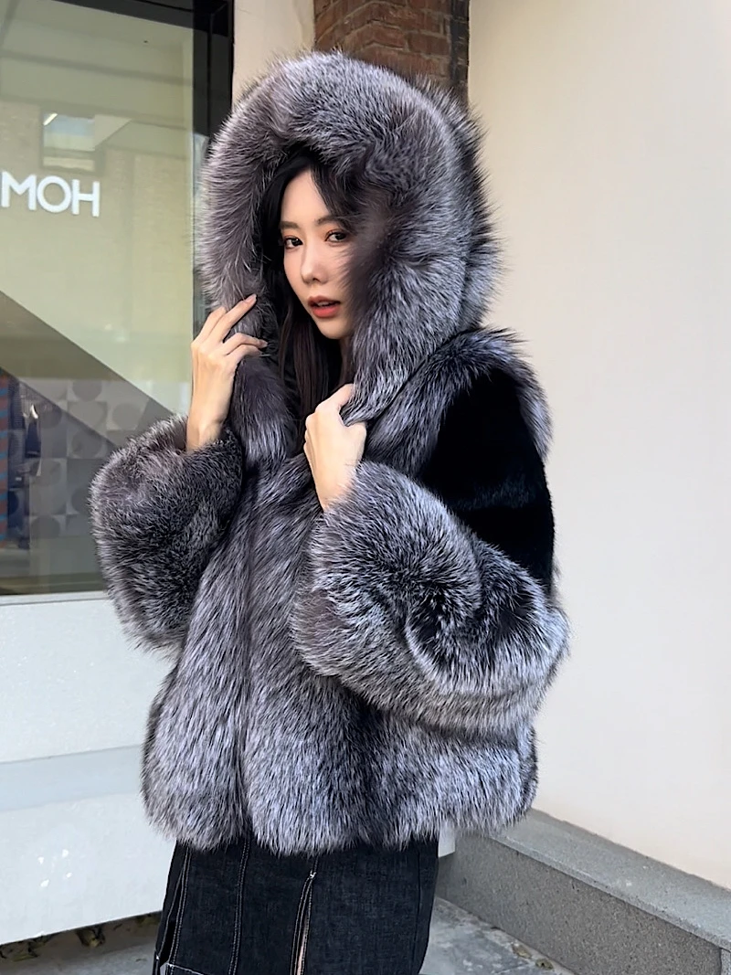 

Fall winter new 2022 fashion Natural Silver Fur Coats Female Thick Warm Long Genuine fox fur jackets Outerwear YN07
