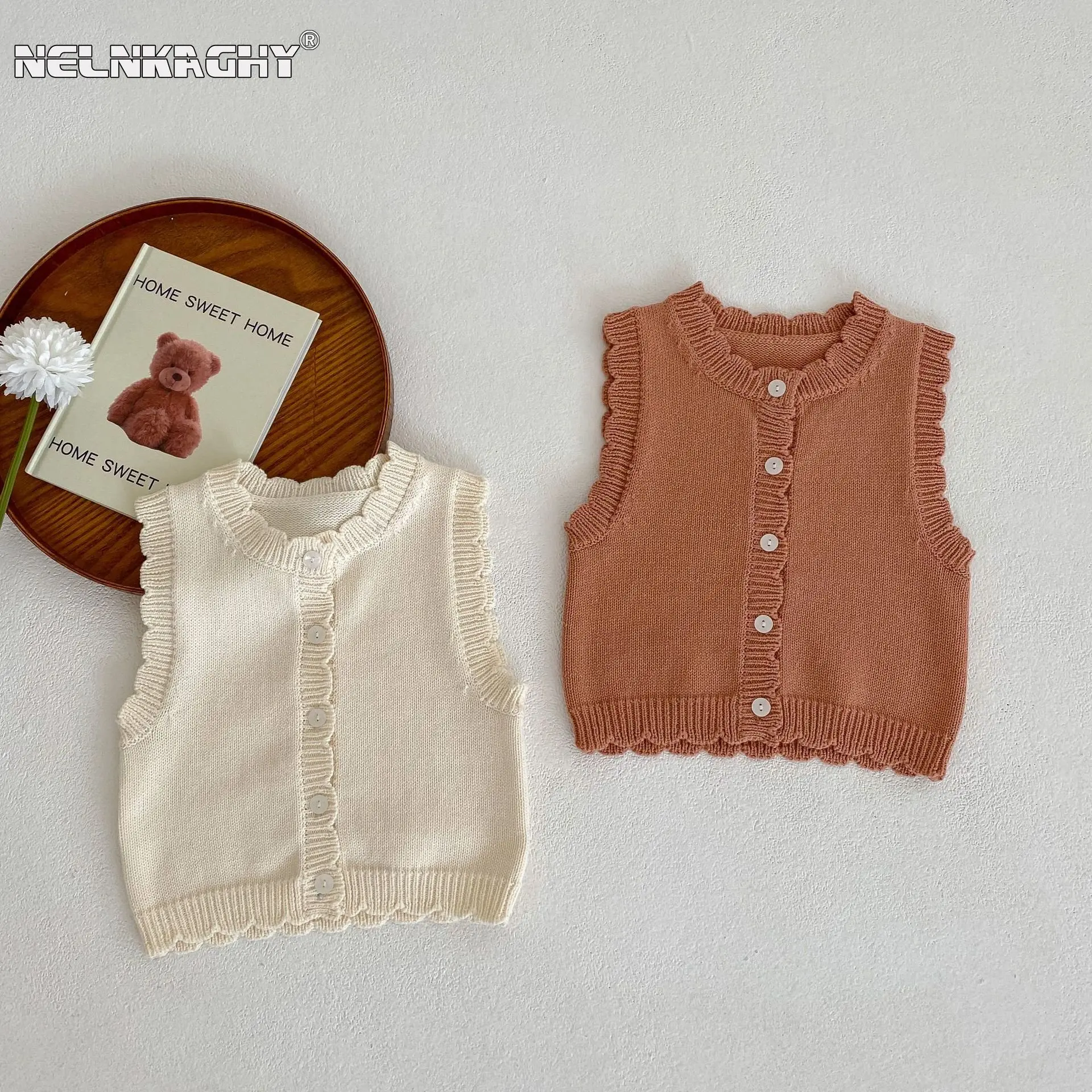 2023 New In Summer Kids Baby Girls Solid Color Knittes Sleeveless Cardigan Vest Infant Newborn Sweater Thin Knitwear