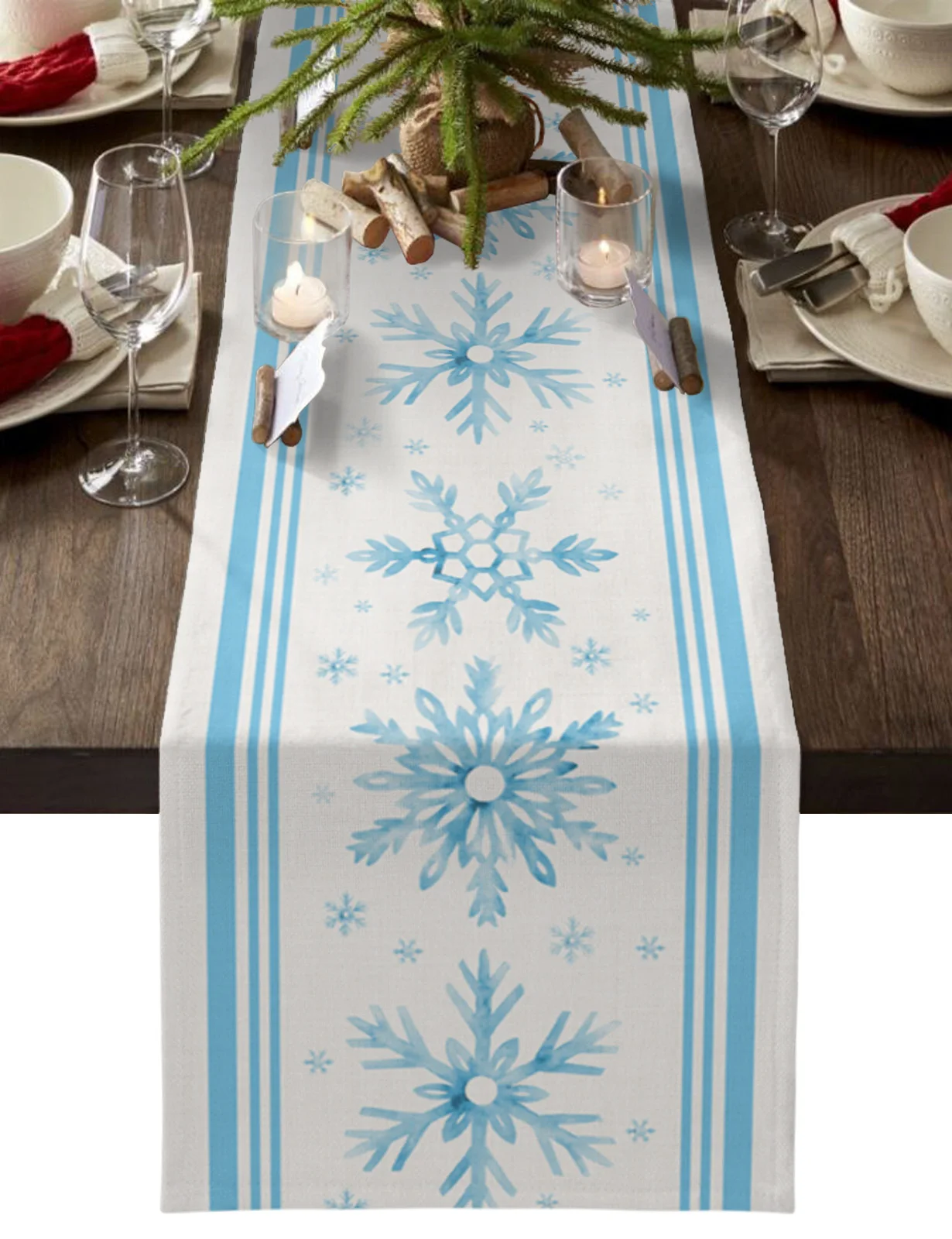 

Christmas Winter Blue Snowflake Stripes Table Runner Home Wedding Table Flag Mat Table Centerpieces Decoration Party Tablecloth