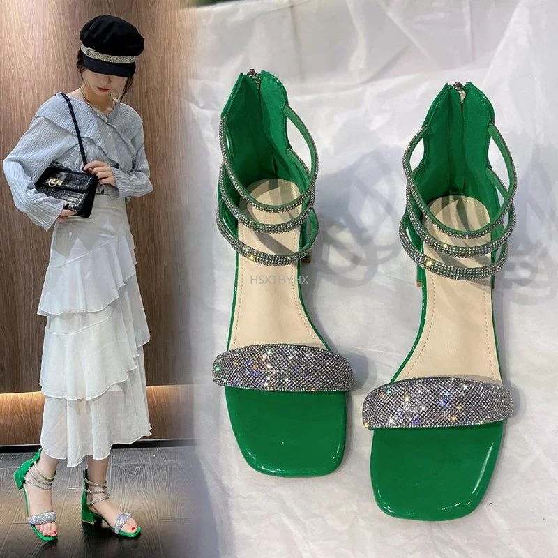 

Beige Heeled Sandals Comfort Shoe for Women Med 2022 Summer Black Gladiator Block Medium New Retro Fashion Girls PU Zip Sandals