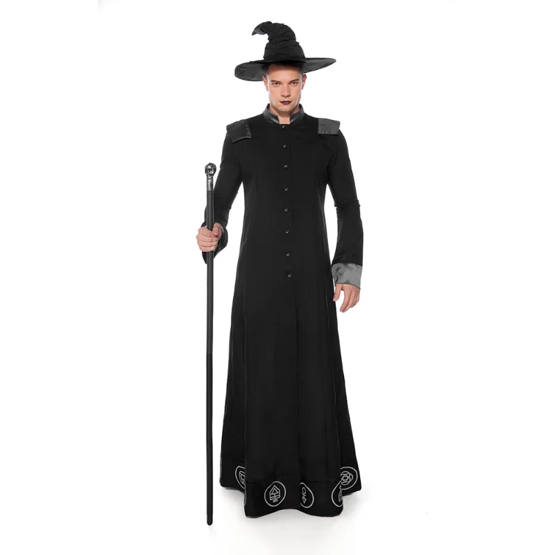 

Halloween Men Witch Costume Black Long Robe Adult Male Carnival Wizard Medieval Cosplay Prophet Uniform Outfit
