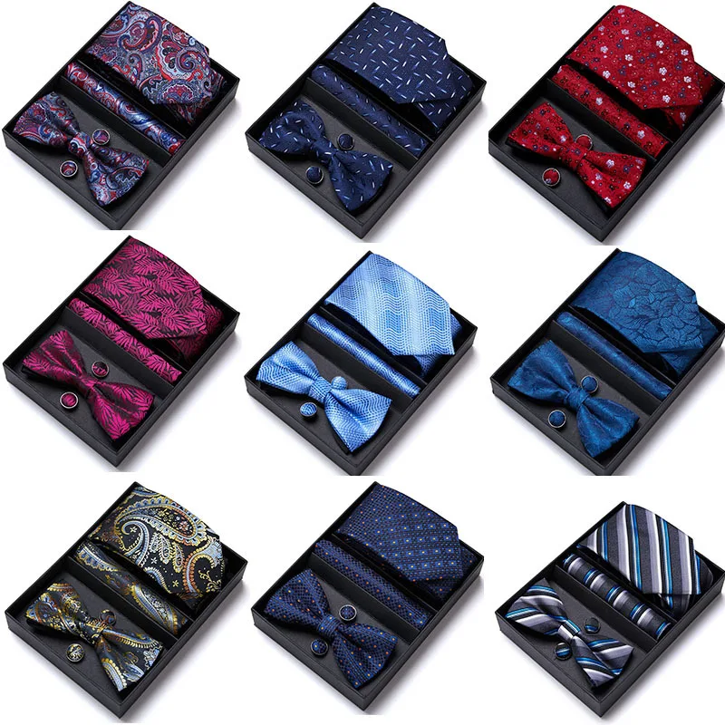 

HUISHI Luxury Designer Brand Mans Tie Set British Printed Bowtie Pocket Square Cufflinks Office Wedding Party Neckties Suit