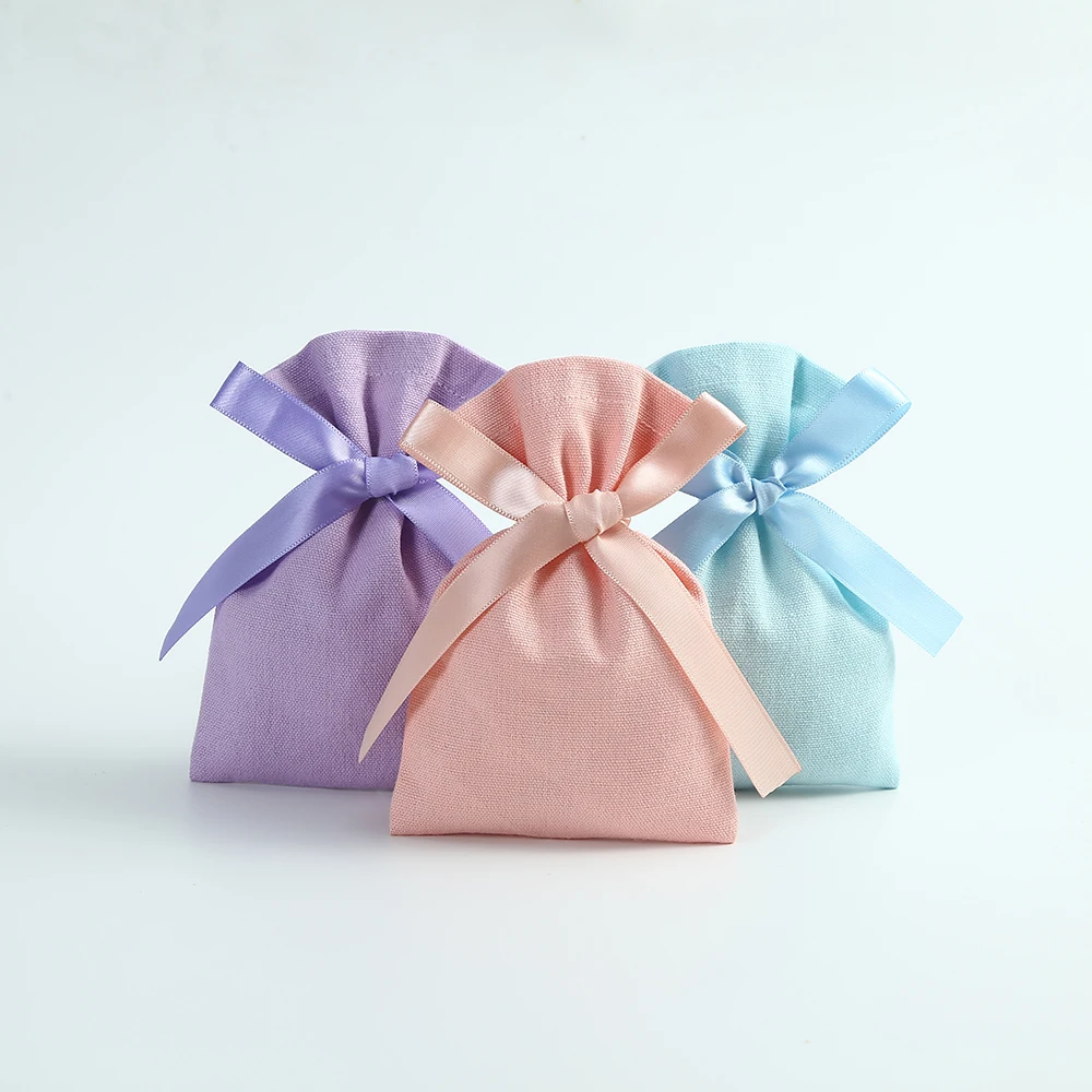 50pcs Multicolor Cotton Burlap Bucket Jewelry Bag with Ribbon Small Pouches for Wedding Christmas Candy Bag Custom Logo Mariage