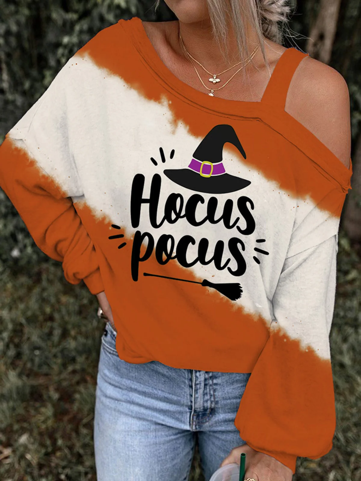

2023 Halloween Color Block One Sided Cold Shoulder Sweatshirt Cool Casual Autumn Winter Clothing Gorgeous Streetwear For Women