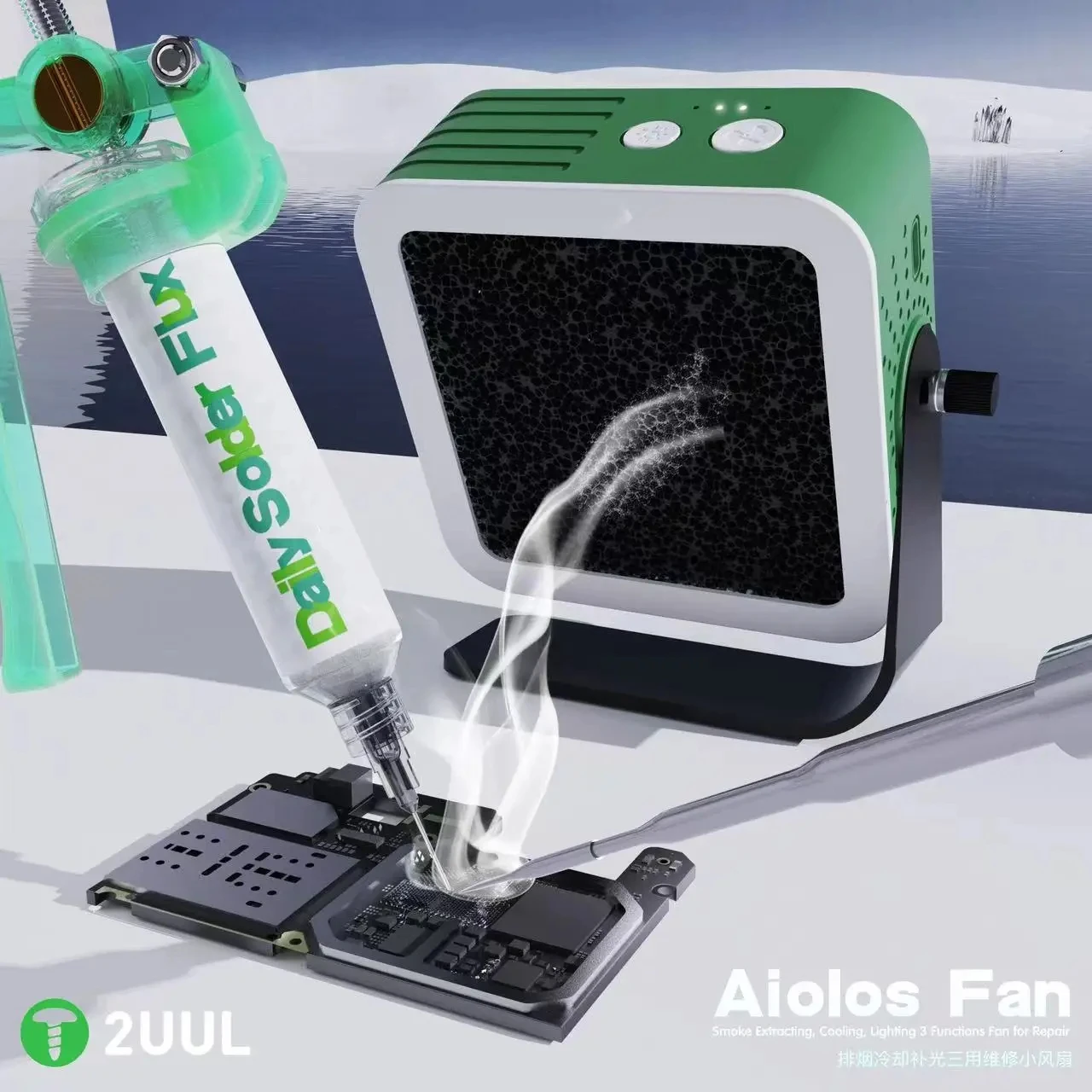 Фото Вентилятор охлаждения 2UUL Aiolos с подсветкой и функцией отвода дыма для ремонта материнских плат телефонов и пайки ИС, быстрое рассеивание тепла №5