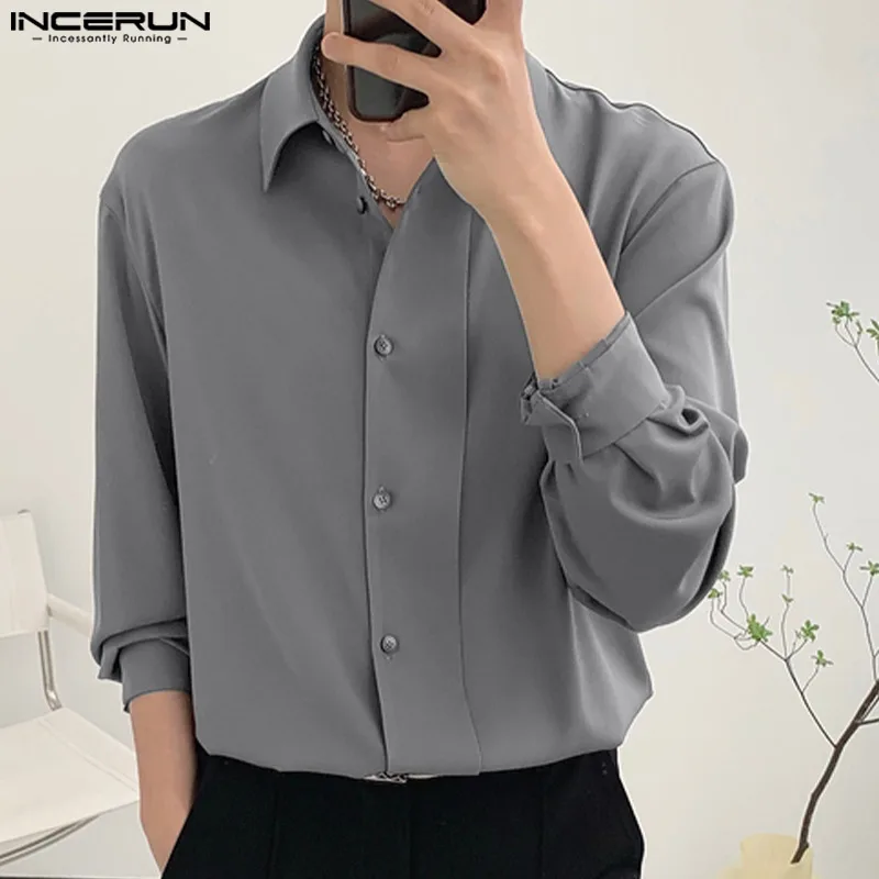

Handsome Well Fitting Tops INCERUN New Men Loose Blouse Casual Streetwear Silhouette Solid Comfortable Long-sleeved Shirts S-5XL