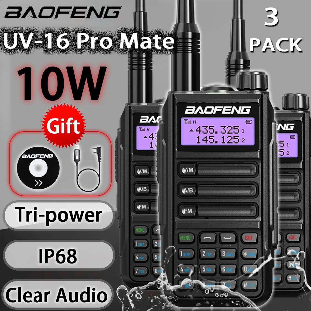 3Pcs Baofeng UV-16 Pro Mate Professional Walkie Talkie Dual Band 2Way CB Ham Waterproof Radio USB Charger Upgrade UV82 UV16prov2