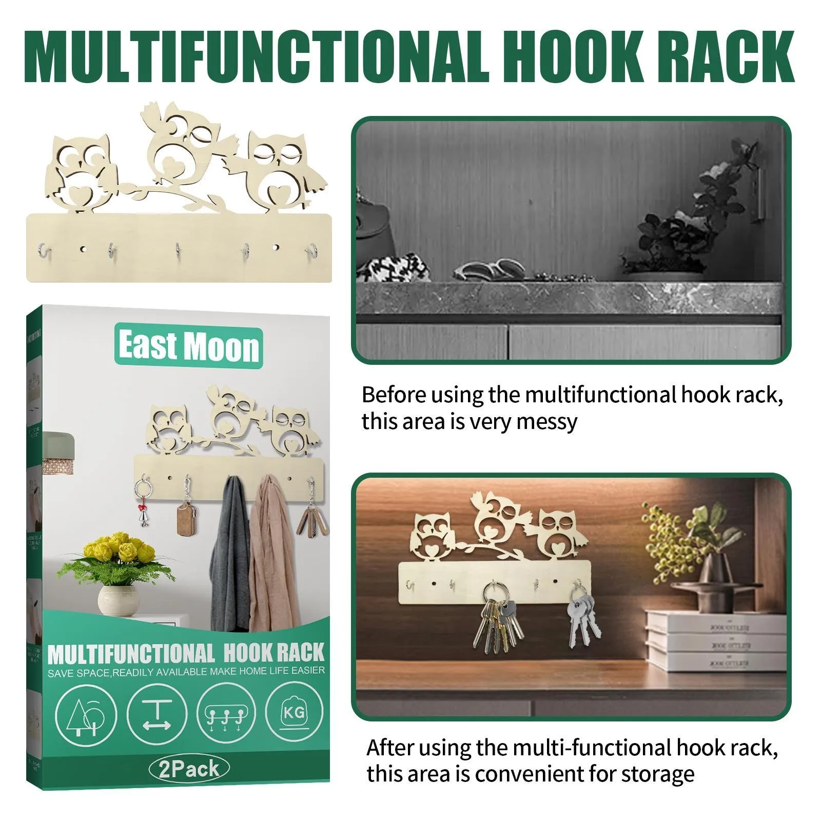 

2PCS Owl Creative Multifunctional Wooden Hook Decorative Hooks Living Room Storage Key Hooks Home Decoration Accessories