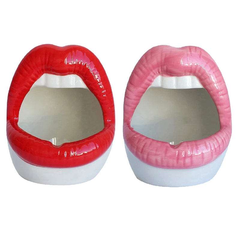 2PCS Creative Succulent Cactus Pot,Ceramic Small Flower Plants Containers Sexy Big Lips Planter, Red & Pink