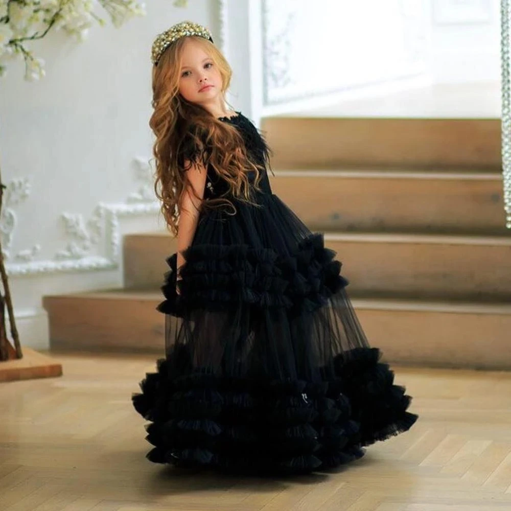 

Black Flowers Girls Dresses Tiered Ruffles Off Shoulder Kids Teens Pageant Gowns Birthday Party Dress For Girls