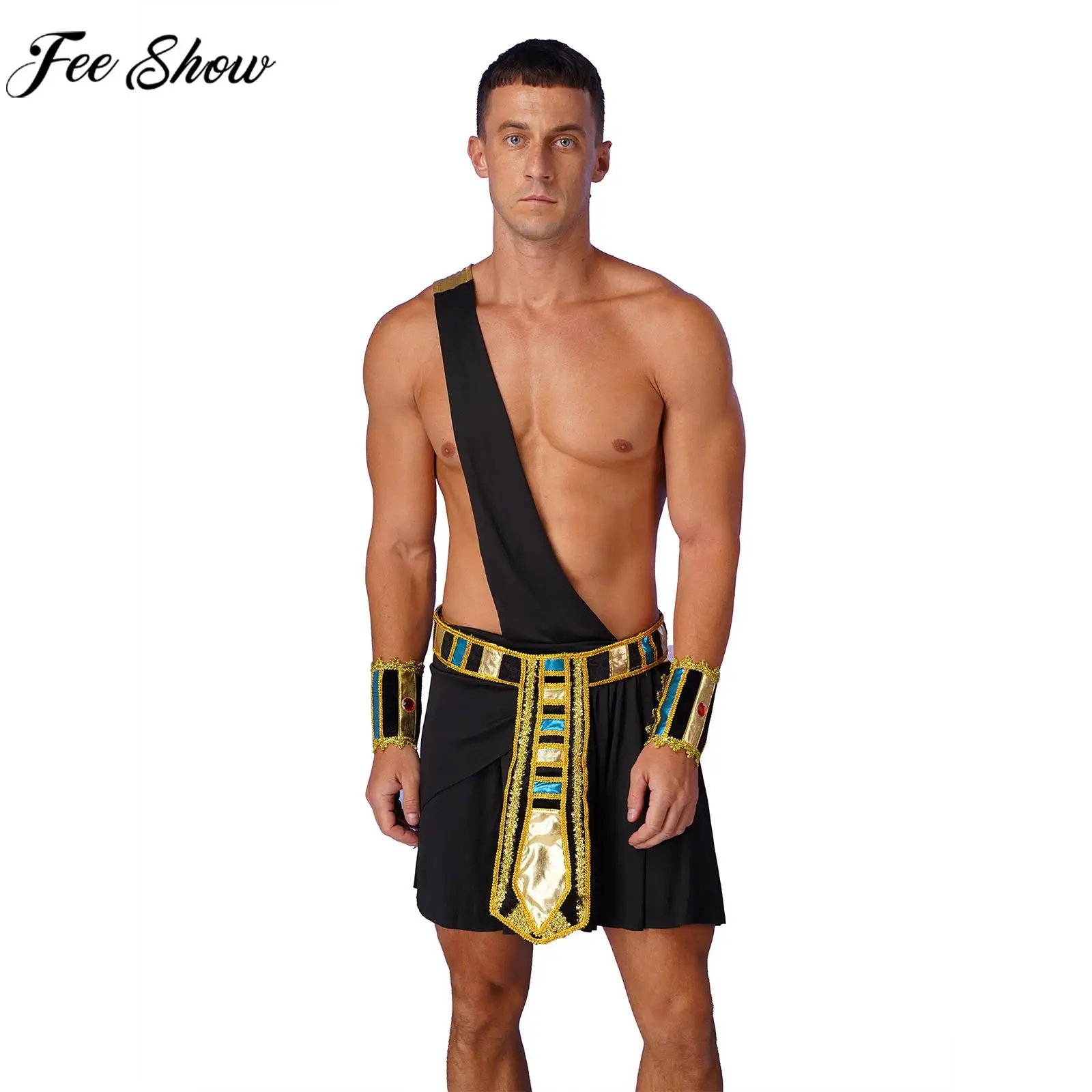 

Mens Egyptian Pharaoh King Cosplay Costume One Shoulder Skirt with Belt Cuffs for Halloween Theme Party Ancient Egypt Role Play