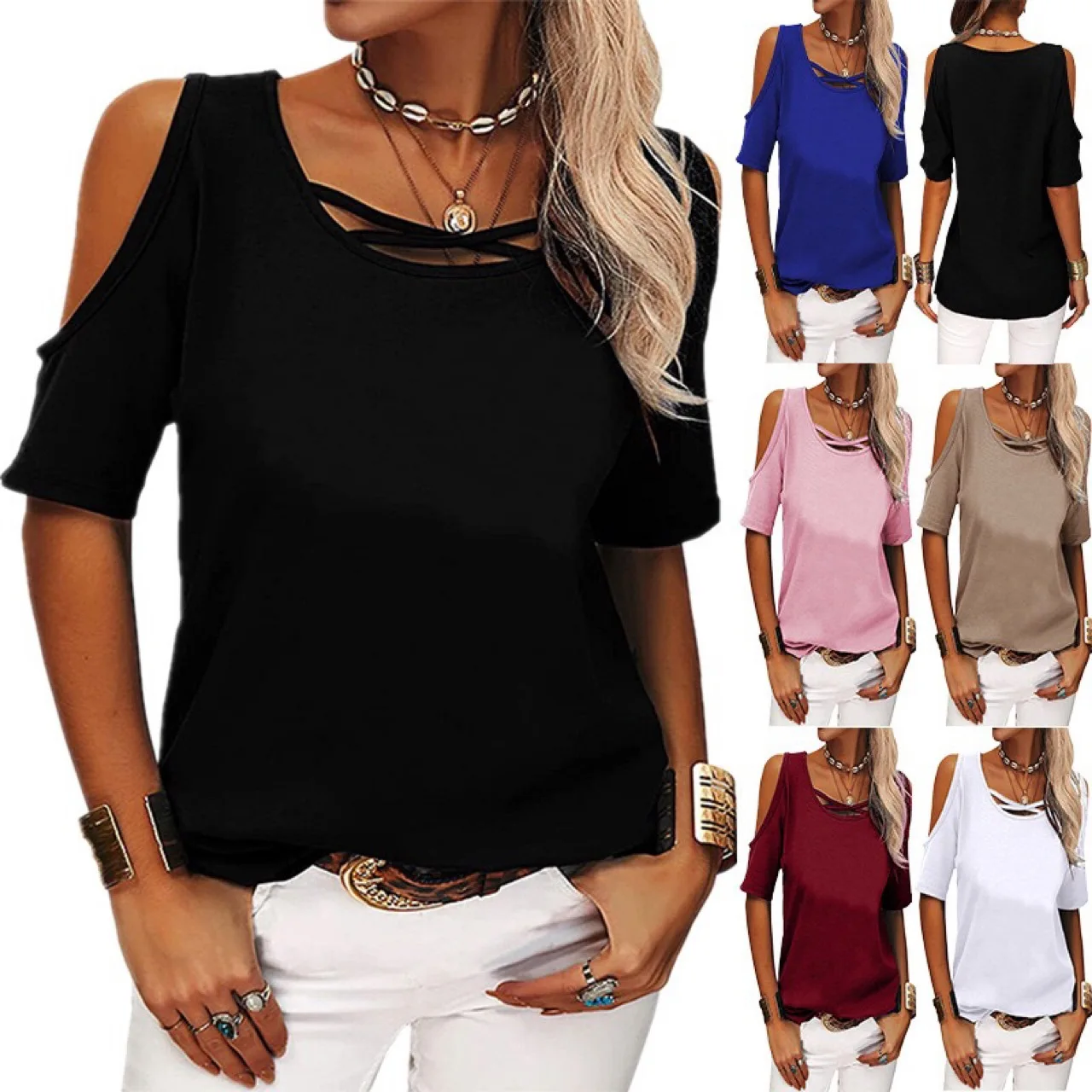 Summer 2022 Women'S Black Solid Color Short Sleeve T Shirt Ladies Casual Off Shoulder Top Simple Basic T Shirt S-3Xl