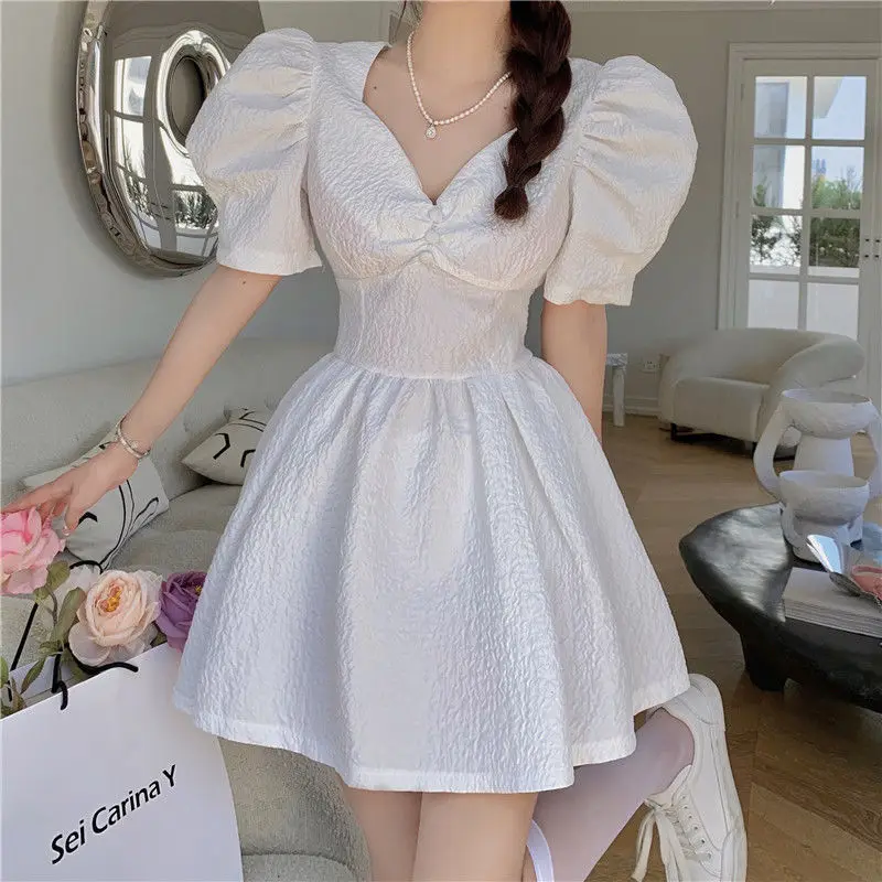 

QWEEK Vintage Wrap Puff Sleeve Mini Dress Woman Summer 2022 White Elegant Slim Waist Party Fairy Dresses Vestidos Robe Female