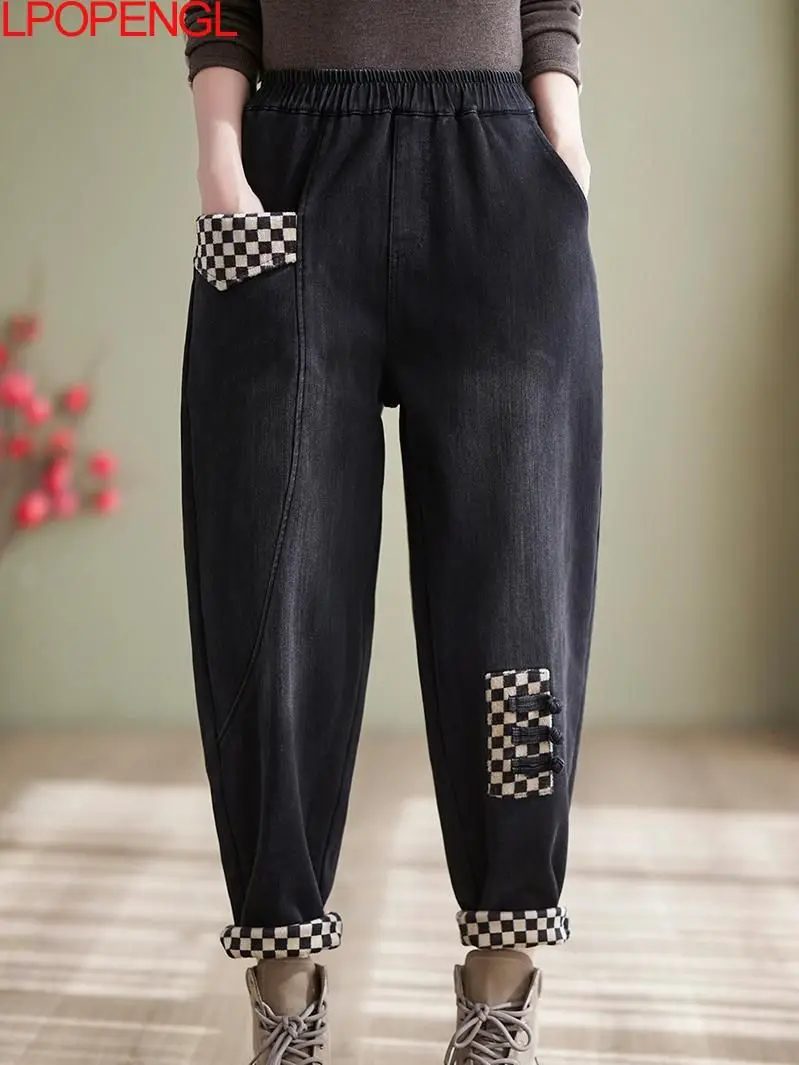 

Женские зимние джинсы 2022 в стиле пэчворк с завышенной талией, утепленные бархатные свободные шаровары