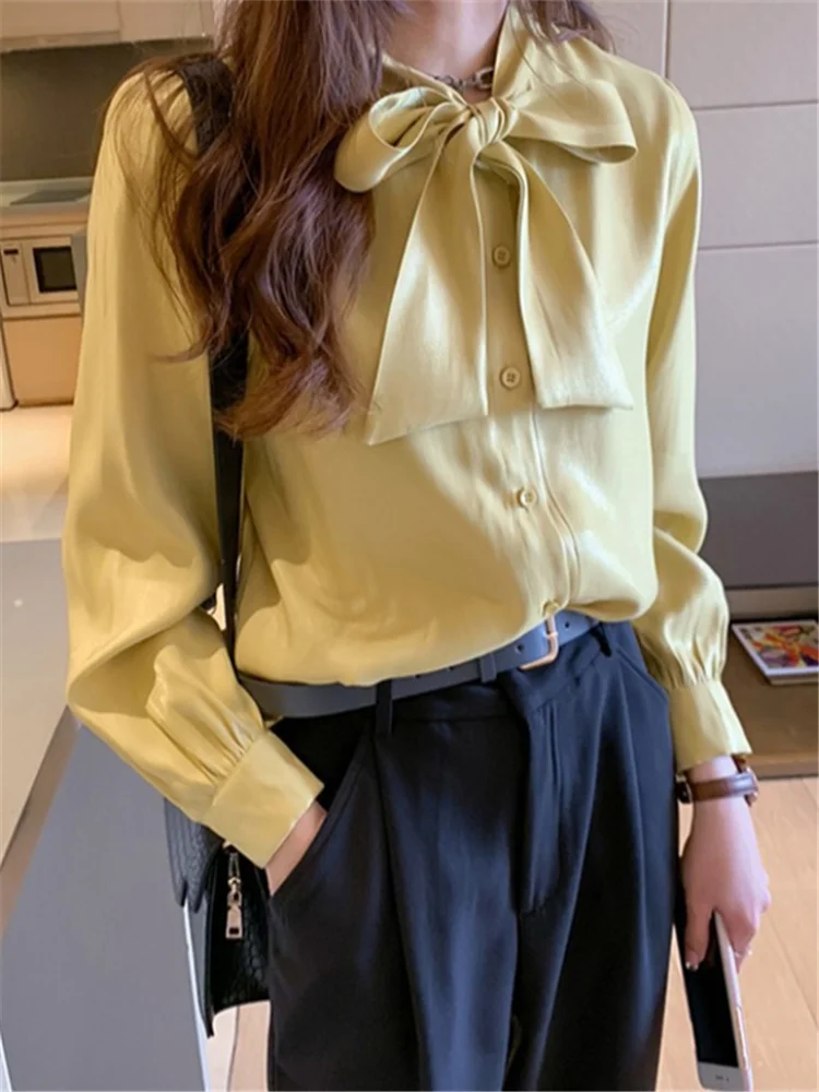 

H.sa 2022 New Long-sleeved Temperament Bow Satin Shirt Ladies Ins Solid With Thin Sweet Style Vintage Female Blusas Uniform tops