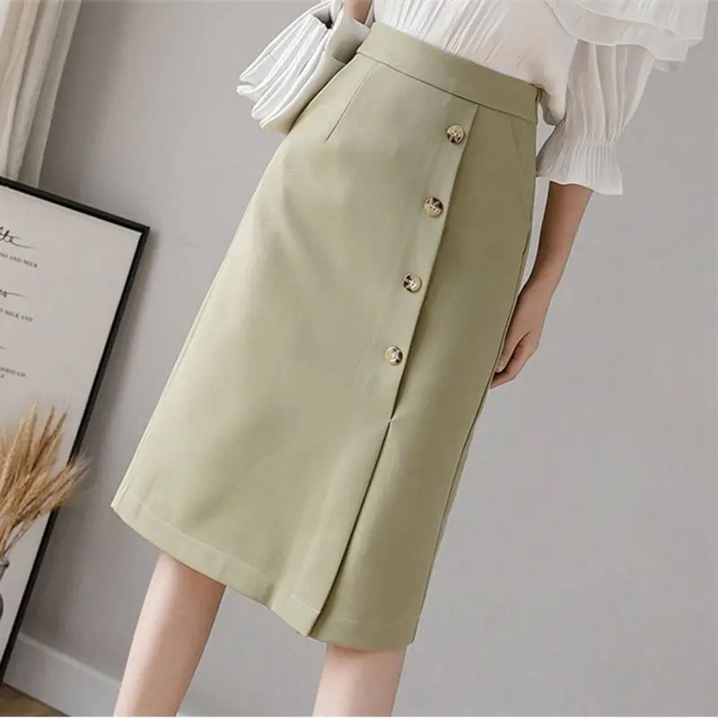 

2022 New Summer Women Suede Buttons Midi Vintage Style A Line Skirts High Waist Black Wrap Ladies Solid Skirt Tutu Saia J09