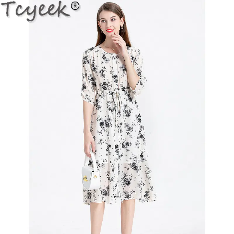 Tcyeek Summer 100% Real Mulberry Silk Dress Chic and Elegant Woman Dress 2023 Summer Print Dresses Womens Clothing French Style