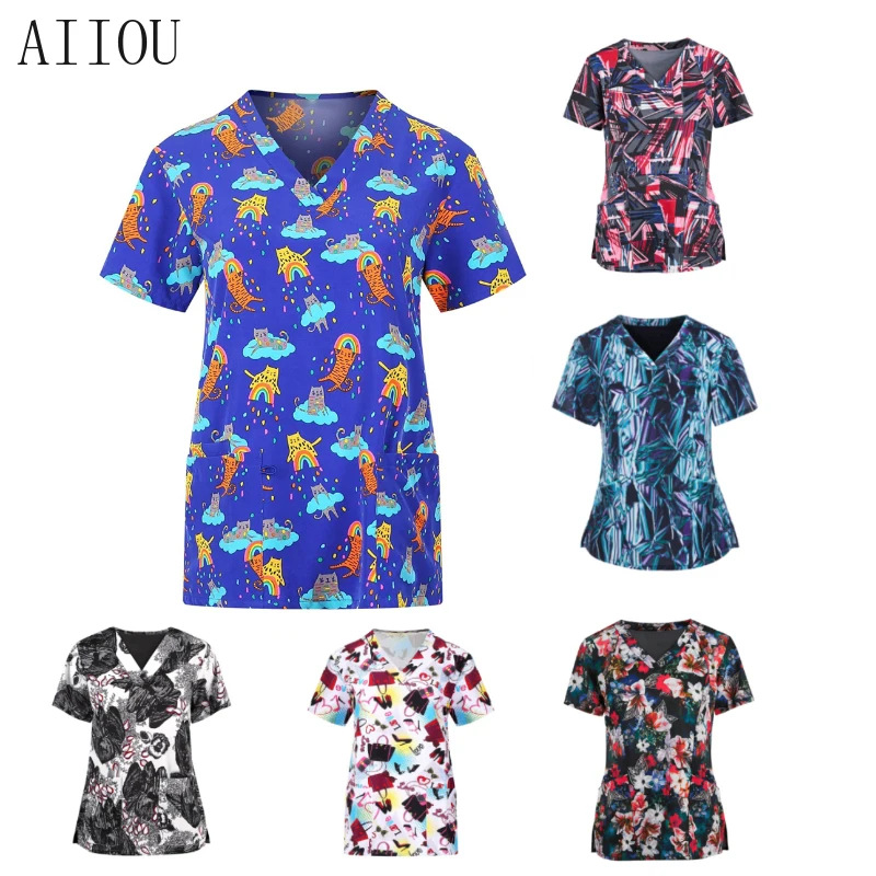 

AIIOU V Neck Scrubs Medical Uniforms Women Scrub Tops Cartoon Nurse Uniform Medicoal Uniforms Print Working Blouse