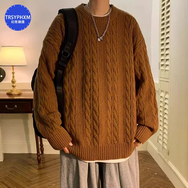 TRSYPHXM 2024 новый однотонный свитер мужской свободный с круглым вырезом модный