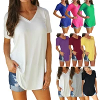 summer womens v neck short sleeved loose t shirt arc hem solid color top traf ladies casual tees female simple style clothes