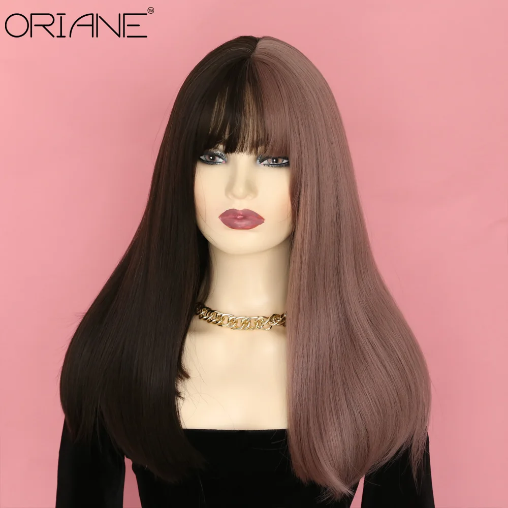 

ORIANE Straight Synthetic Wig With Bangs Ombre Black Brown High Temperature Wire Heat Resistant Cosplay Wig Lolita Wig For Women