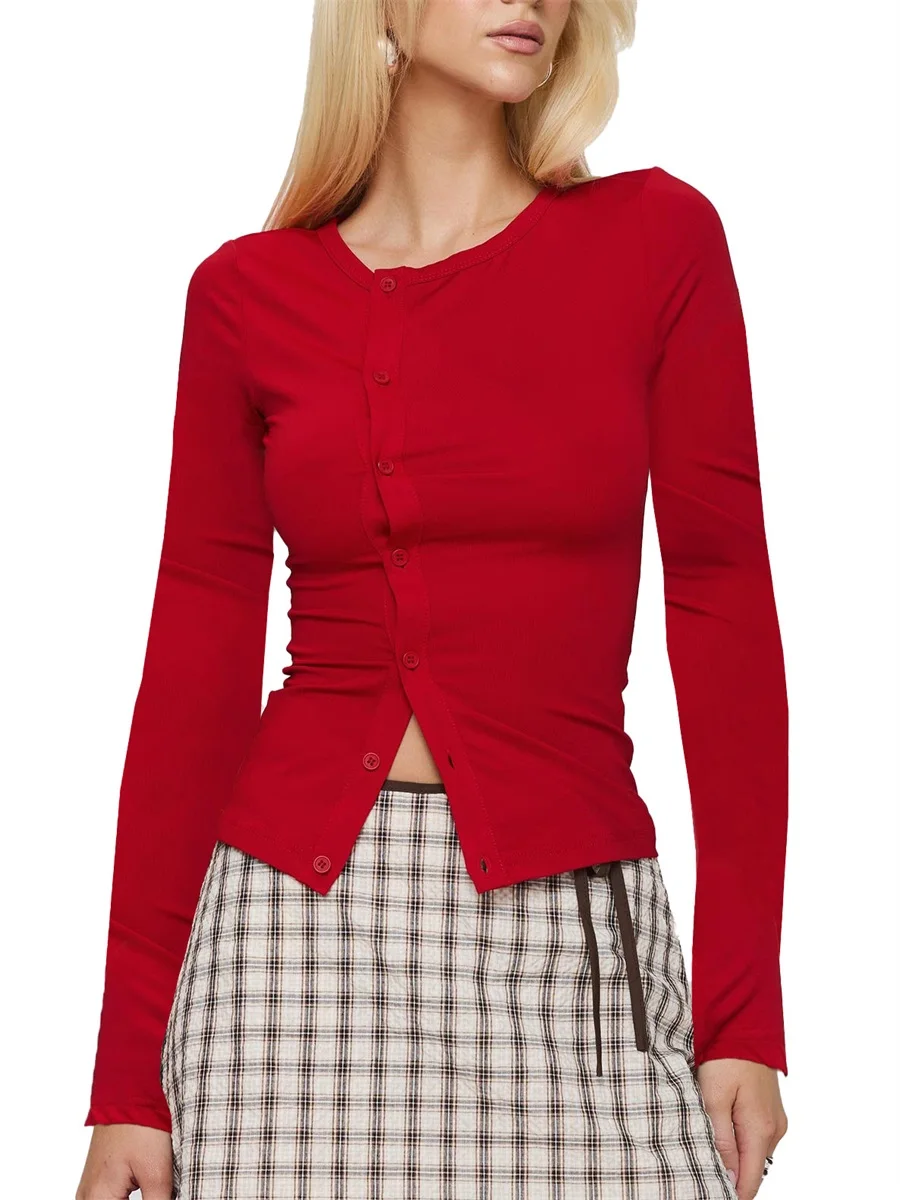 2024 ранняя осень женская узкая рубашка модный однотонный кардиган с круглым