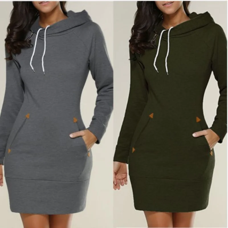 Купи 2022 Spring And Autumn Ladies Knee-Length Dress Hooded Warm Sweatshirt Long Sleeve Camp Collar Pocket Simple Casual Sports Dress за 461 рублей в магазине AliExpress