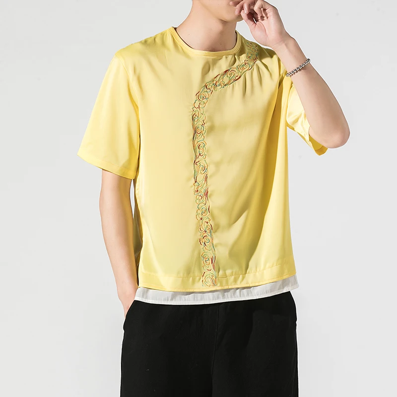 

Large Size Men's T-shirt Fashion Fake Two Pieces Embroidered Round Neck Top 2023 Summer New Exotic Wind Personality Clothes