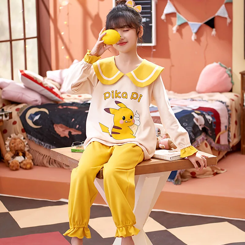 

Pokemon Pikachu New Autumn Girls Cotton Pajamas Kawaii Cartoon Long-sleeved Thin Section Fashion Popular Big Kids Homewear Set