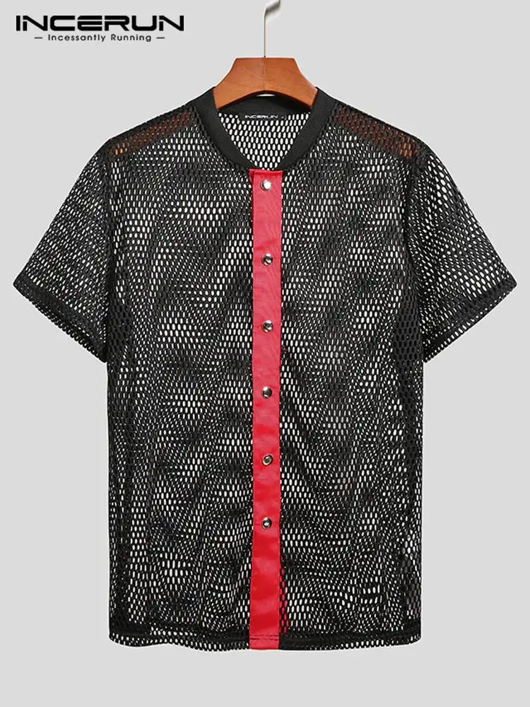 

Men Mesh Shirt See Through Patchwork Short Sleeve 2022 Button Casual Sexy Tops Streetwear Men Clothing Party Nightclub Camisas