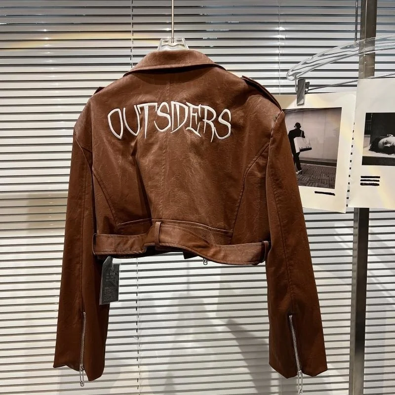 BORVEMAYS 2023 Autumn New Fashion Trend Coat Lapel Long Sleeve Embroidery Printing Loose Black PU Leather Jacket Women WX172