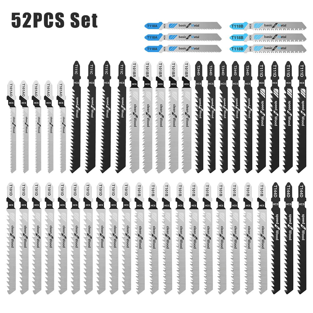 

52pcs Jigsaw Blades Set T-Shaft HCS Assorted Jig Saw Blades for Wood Plastic Metal Cutting Woodworking Blade Hand Tool