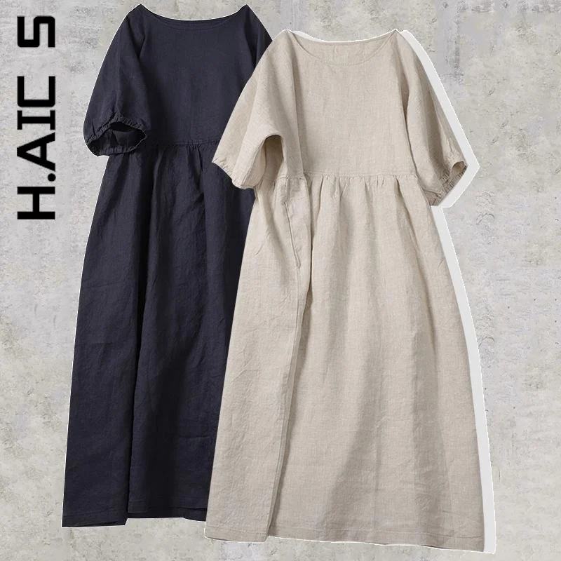 

H.Aic S Dress Women Fashion Popular Short Sleeve Age Reduction Cute Skirts Loose Cotton Dresses Elastic Simple Female Vestidos