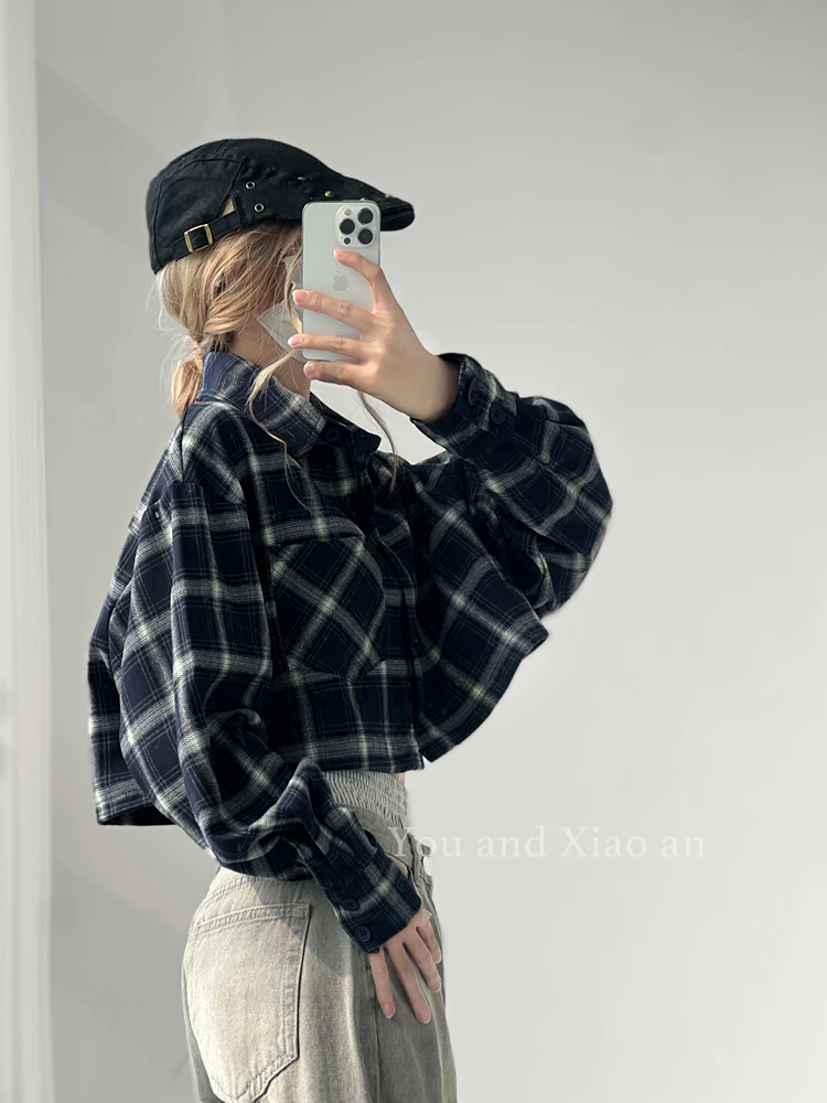 Accent Retro Plaid Shirts Women Design 2025 Spring and Autumn BF Sle Loose Casual Shirt Short Top Outerwear