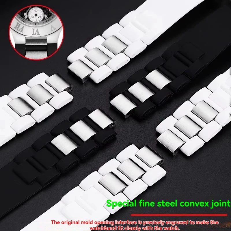 Фото Для часов Cartier 21 века, силиконовый ремешок для часов с приподнятым ртом, 20*10 мм, черно-белая водонепроницаемая цепочка для часов, ремешок унисекс №3